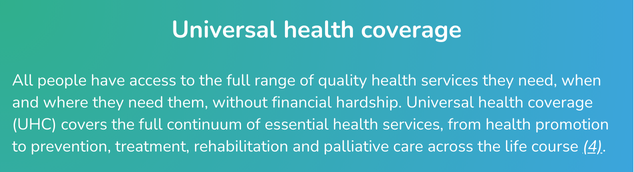 Text box with the following definition of UHC: Noun and human right All people have access to the full range of quality health services they need, when and where they need them, without financial hardship. Universal health coverage (UHC) covers the full continuum of essential health services, from health promotion to prevention, treatment, rehabilitation and palliative care across the life course. 
