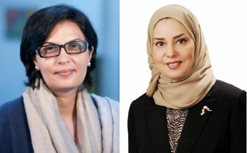 Side-by-side image with Dr. Sania Nisthar on the left and H.E. Ms. Fawzia bent Abdulla Zainal on the right
